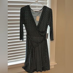 WEST KEI – Navy/Teal/White Geometric Wrap/Waist Tie Dress (Petite Large)